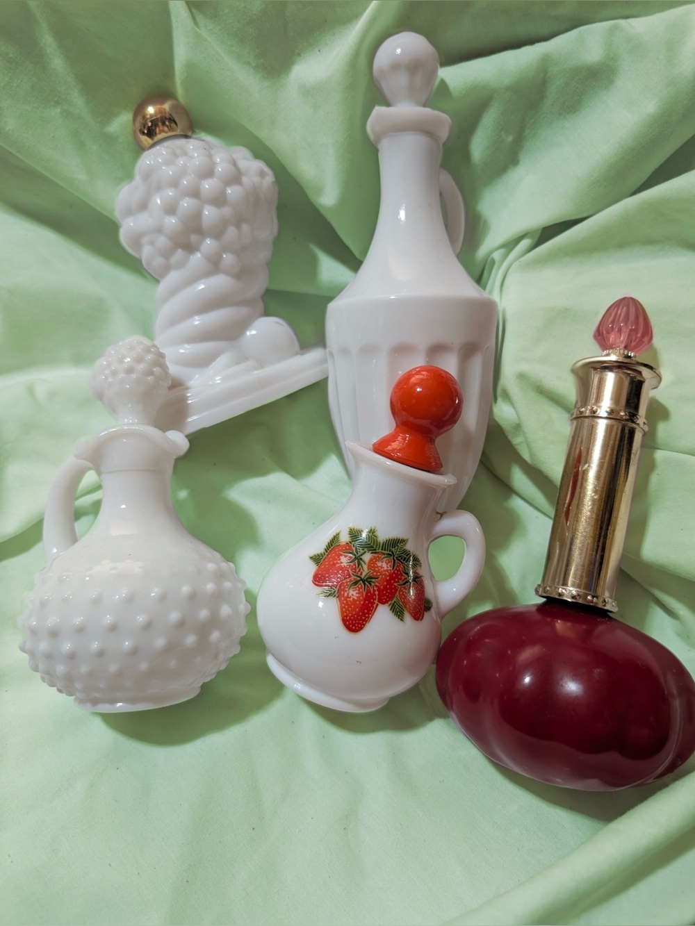 Assorted Avon 1960/70s Milk Glass bath oil Bottles - White and/or Red. 5-8” tall
